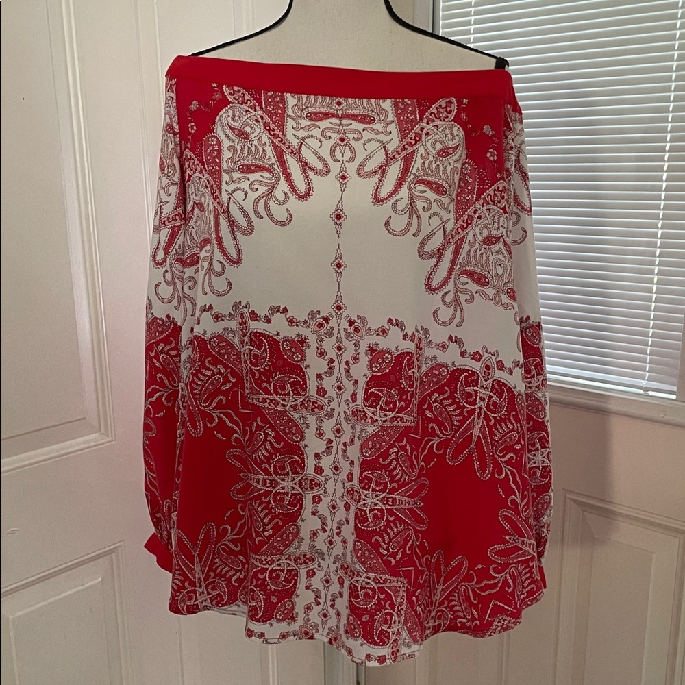 Roaman's Red and White Paisley Off-Shoulder Blouse